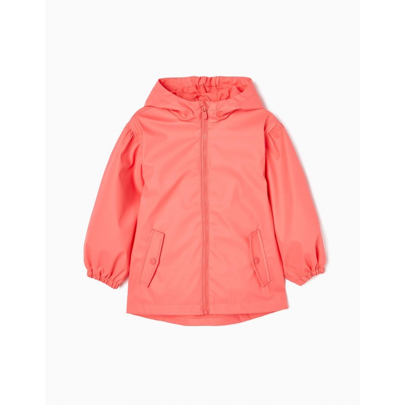 RUBBER HOODED PARKA FOR GIRLS, CORAL