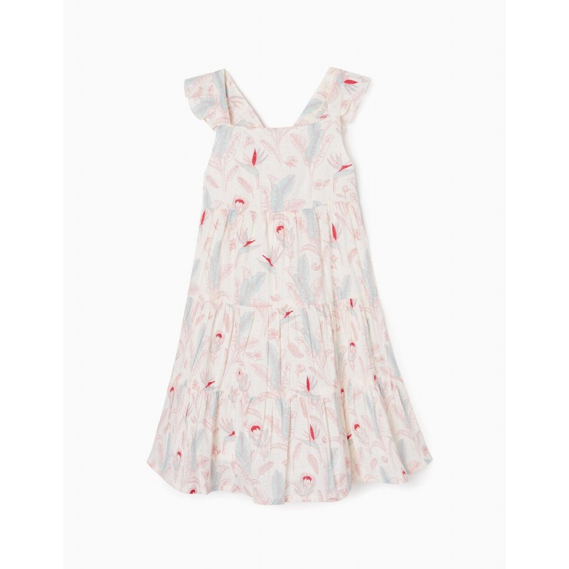 STRAPPY DRESS WITH FLORAL MOTIF FOR GIRLS, BEIGE