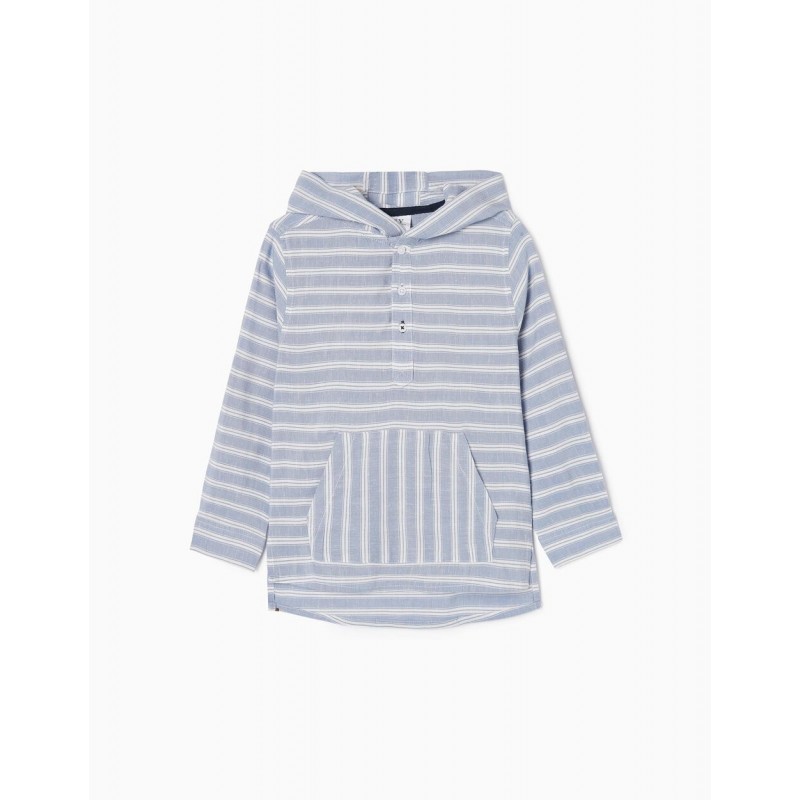 STRIPED SHIRT WITH HOOD FOR BOYS, WHITE/BLUE