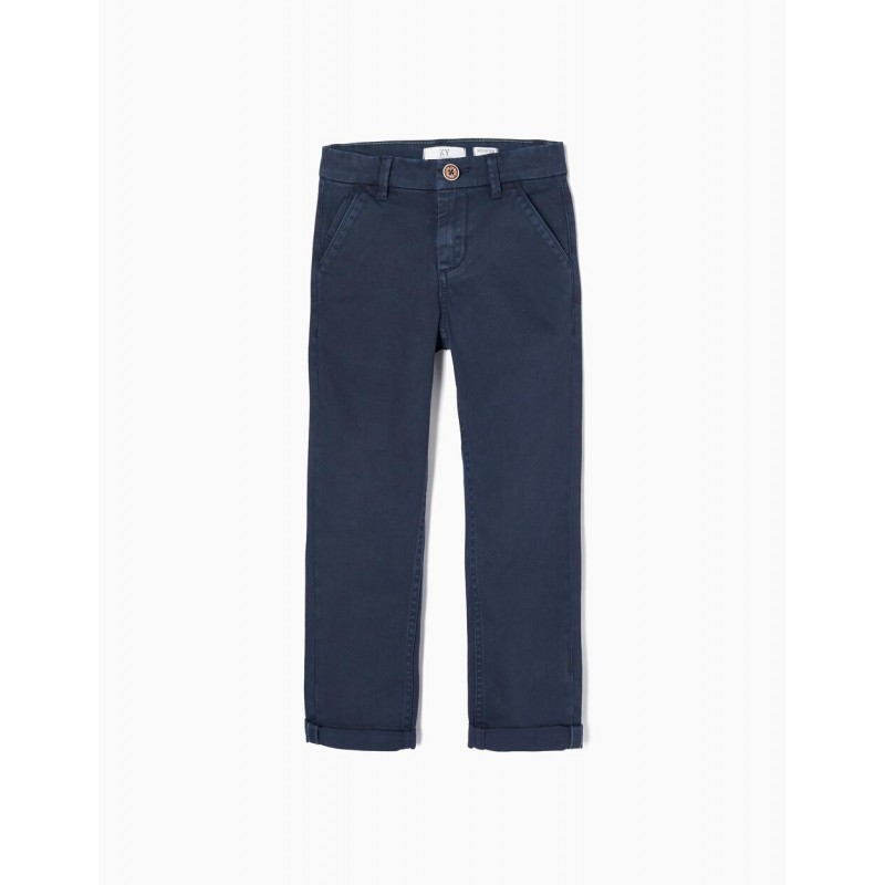 COTTON CHINO TROUSERS FOR BOYS 'SLIM FIT', DARK BLUE