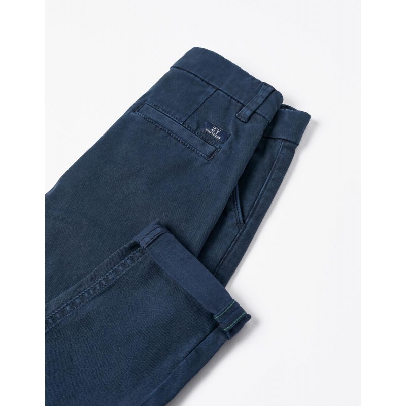 COTTON CHINO TROUSERS FOR BOYS 'SLIM FIT', DARK BLUE