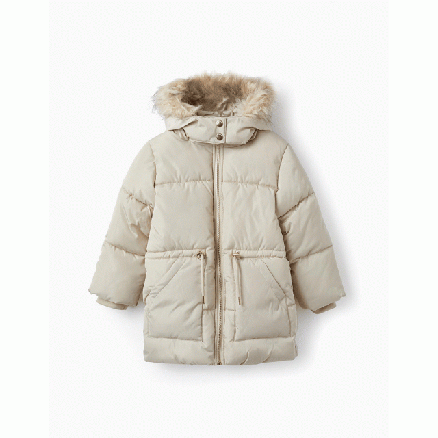 PADDED HOODED JACKET WITH FUR FOR GIRLS, BEIGE