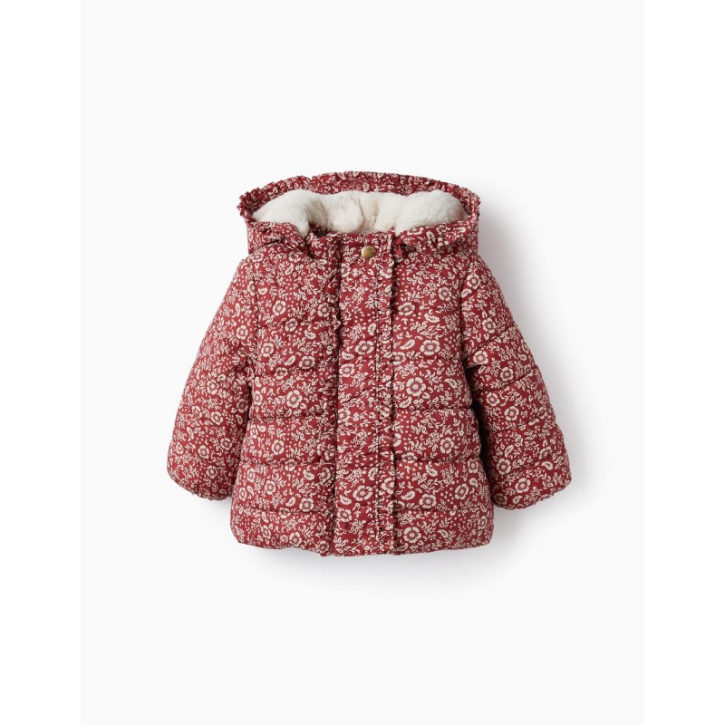 FLORAL PADDED HOODED COAT FOR BABY GIRL, DARK RED