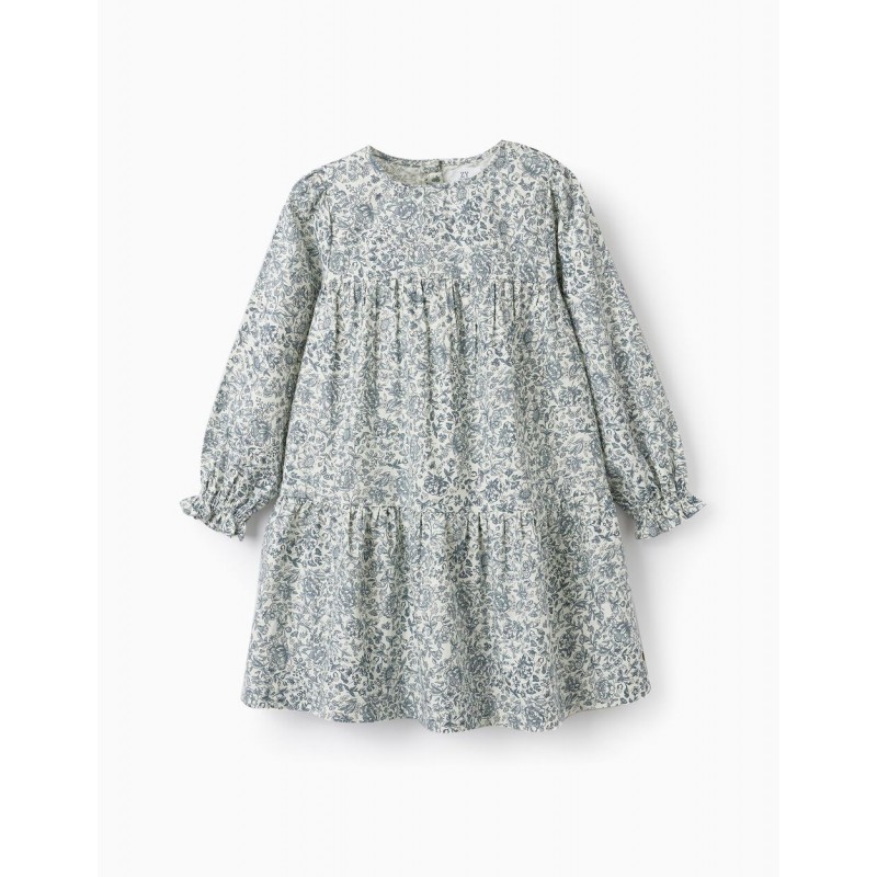 FLORAL TWILL DRESS FOR GIRLS, WHITE/GRAY