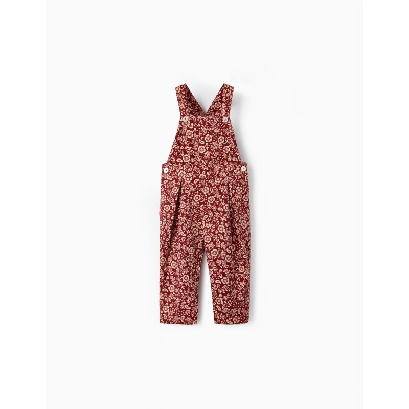 CORDUROY DUNGAREES WITH FLORAL PATTERN FOR BABY GIRLS, DARK RED