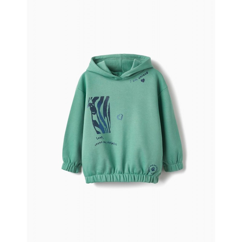 SWEATSHIRT WITH HOOD AND GLITTER FOR GIRLS 'I AM UNIQUE', GREEN