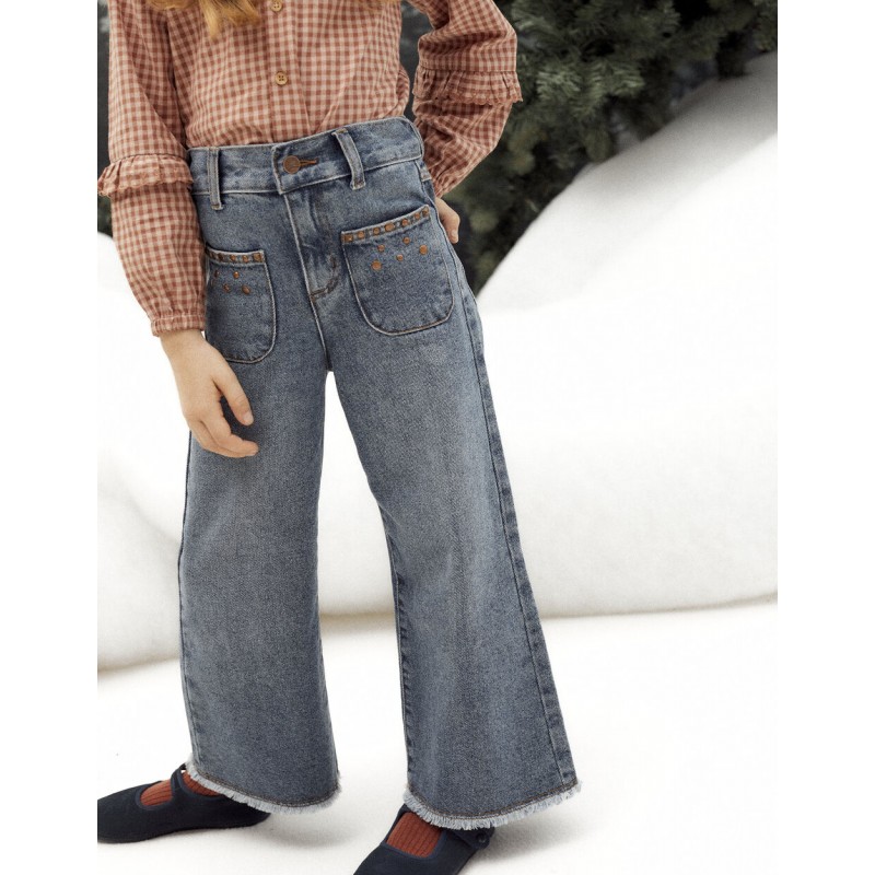 WIDE LEG DENIM TROUSERS WITH STUDS FOR GIRLS, BLUE
