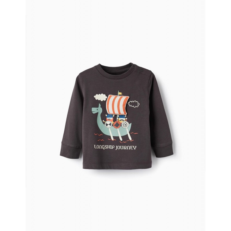 COTTON JERSEY T-SHIRT FOR BABY BOYS 'VIKING BOAT', GREY