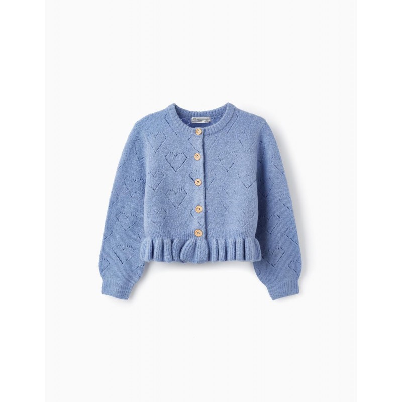 KNITTED CARDIGAN WITH RUFFLES FOR GIRLS 'HEARTS', BLUE