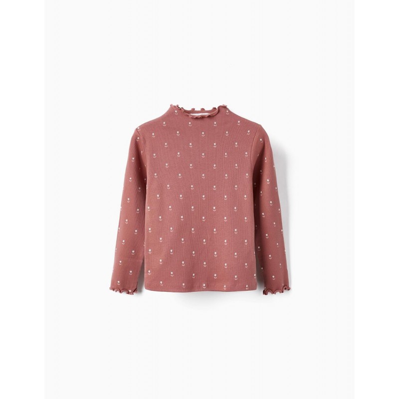 RIBBED LONG SLEEVE T-SHIRT FOR GIRLS 'FLORAL', PINK