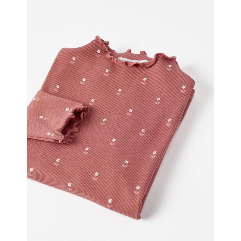 RIBBED LONG SLEEVE T-SHIRT FOR GIRLS 'FLORAL', PINK