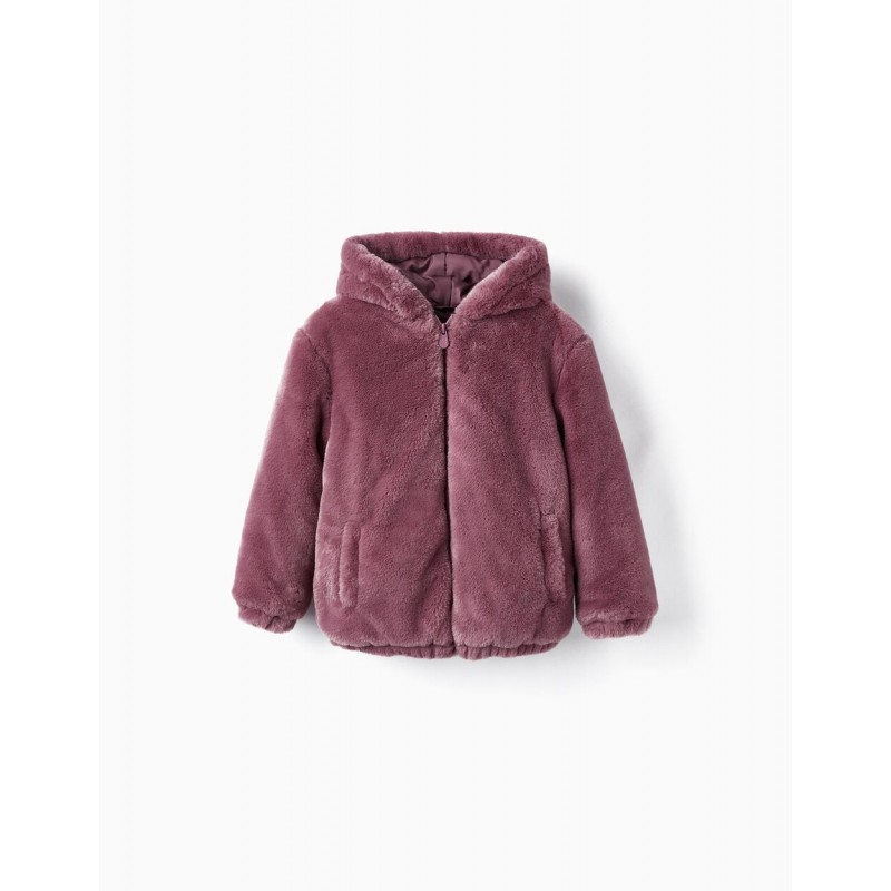 FAUX FUR COAT WITH HOOD FOR GIRLS, PURPLE