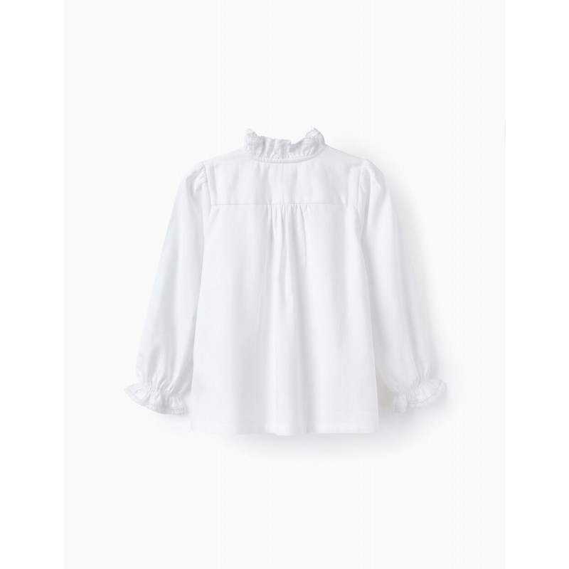 COTTON BLOUSE WITH RUFFLES AND LACE FOR GIRLS, WHITE