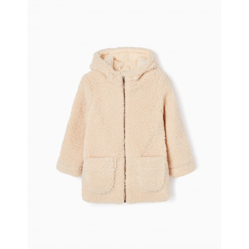 SHERPA HOODED COAT WITH POLAR LINING FOR GIRLS, BEIGE