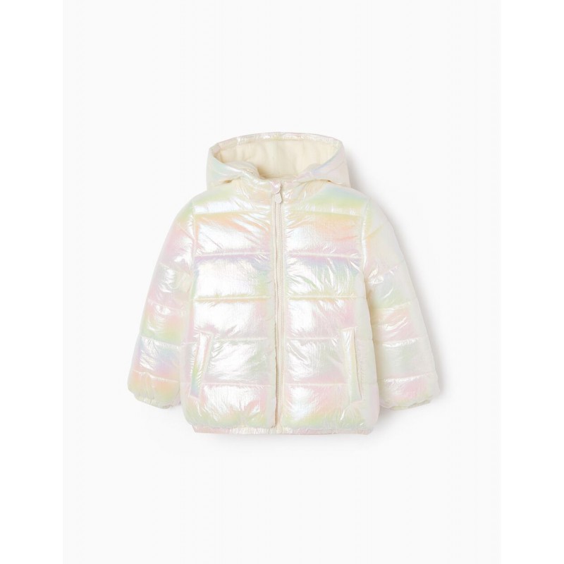 PUFFER JACKET WITH POLAR LINING FOR GIRLS, WHITE/IRIDESCENT