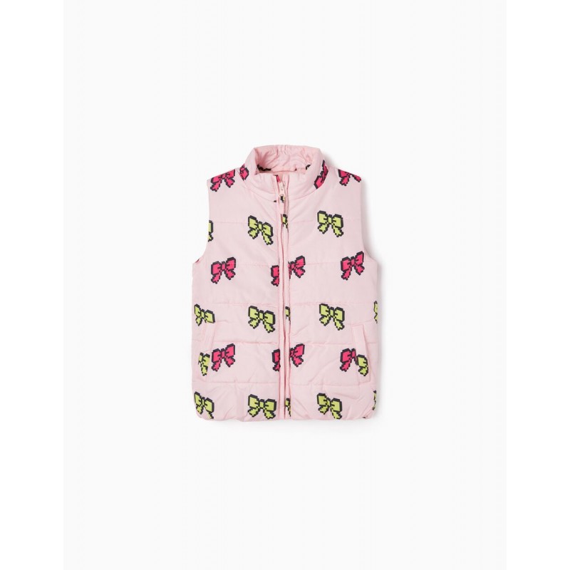 PRINTED GILET WITH POLAR LINING FOR GIRLS 'BOWS', PINK