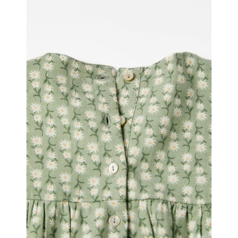 LONG-SLEEVE COTTON DRESS WITH FLOWER MOTIF FOR GIRLS, GREEN
