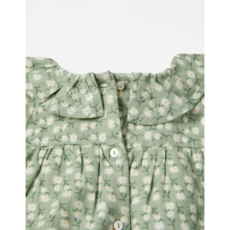 LONG-SLEEVE COTTON DRESS WITH FLOWER MOTIF FOR BABY GIRLS, GREEN