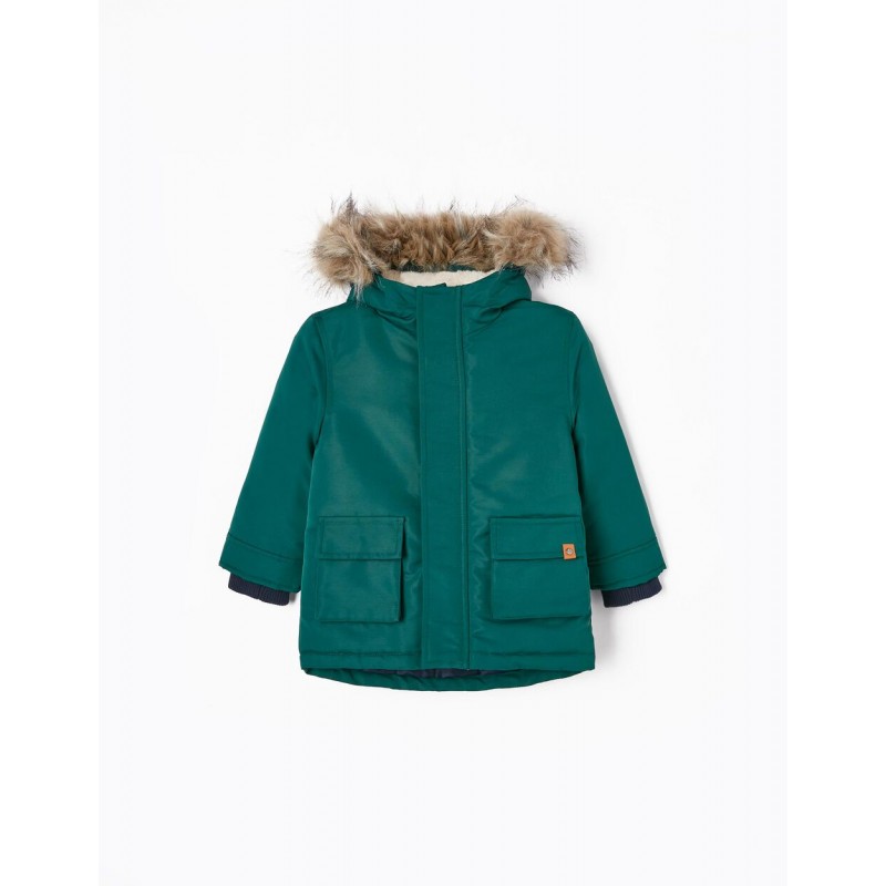 QUILTED PARKA WITH SHERPA LINING AND HOOD FOR BABY BOYS, GREEN
