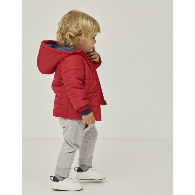 QUILTED JACKET WITH HOOD AND POLAR LINING FOR BABY BOYS, RED