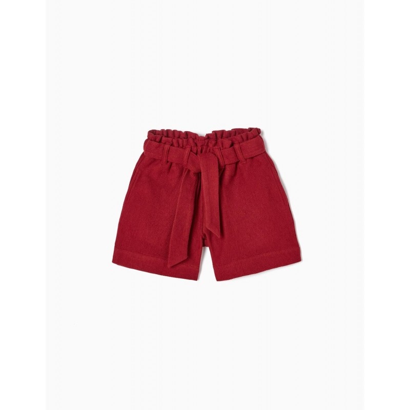 COTTON PAPERBAG SHORTS WITH BOW FOR GIRLS, DARK RED