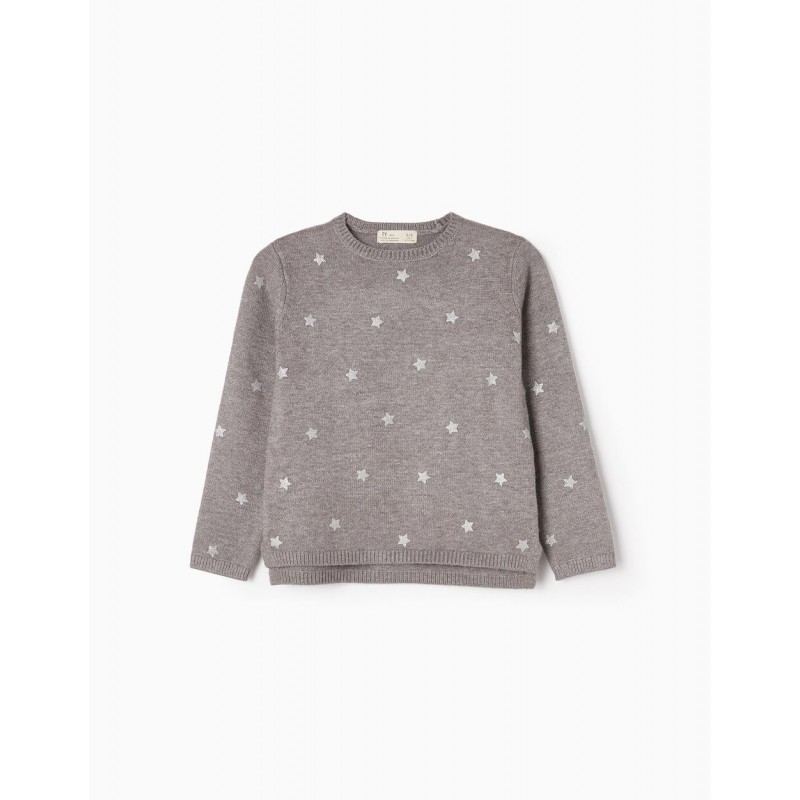 JUMPER WITH MOTIF AND GLITTER FOR GIRLS 'STARS', GREY
