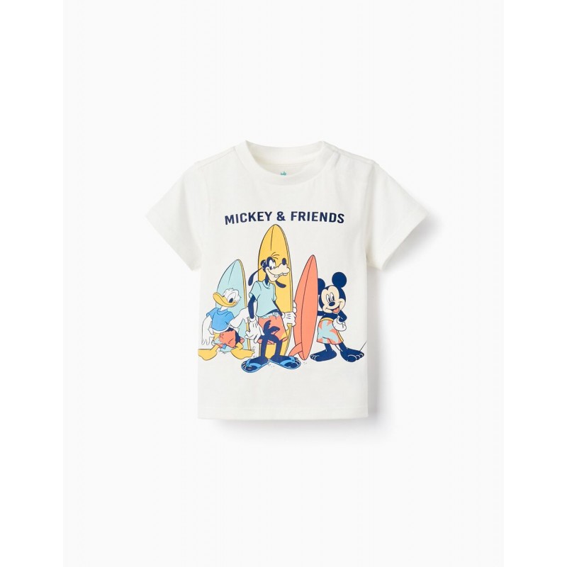 White T-shirt for baby boys, with a front print of Mickey and his friends.
