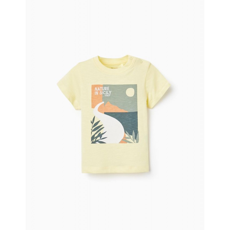 Yellow short-sleeved T-shirt for baby boys, 100% cotton.