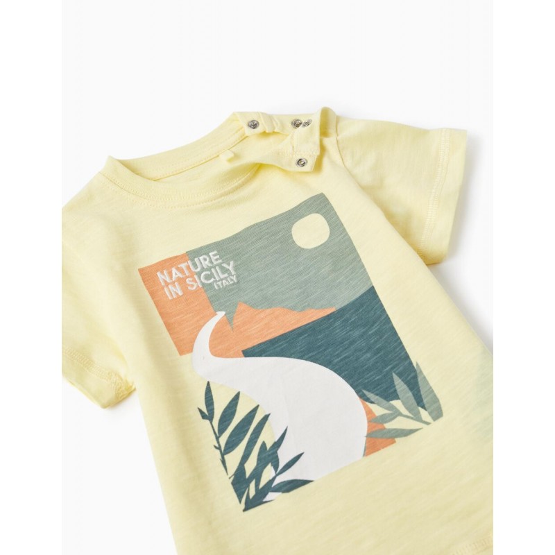 Yellow short-sleeved T-shirt for baby boys, 100% cotton.