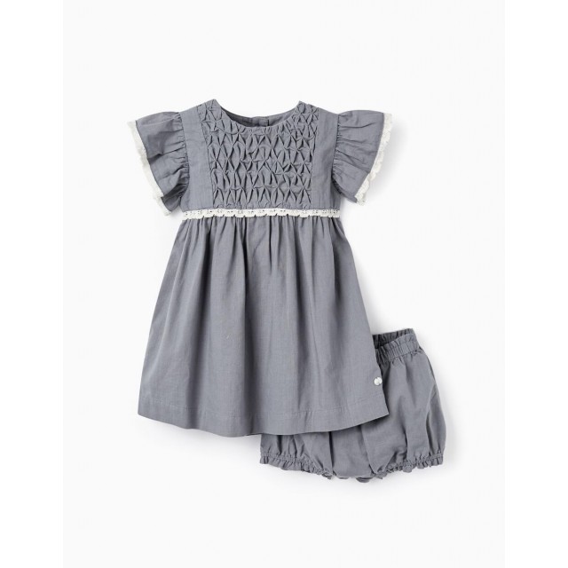 COTTON DRESS WITH LACE + DIAPER COVER FOR BABY GIRLS 'B&S', GREY