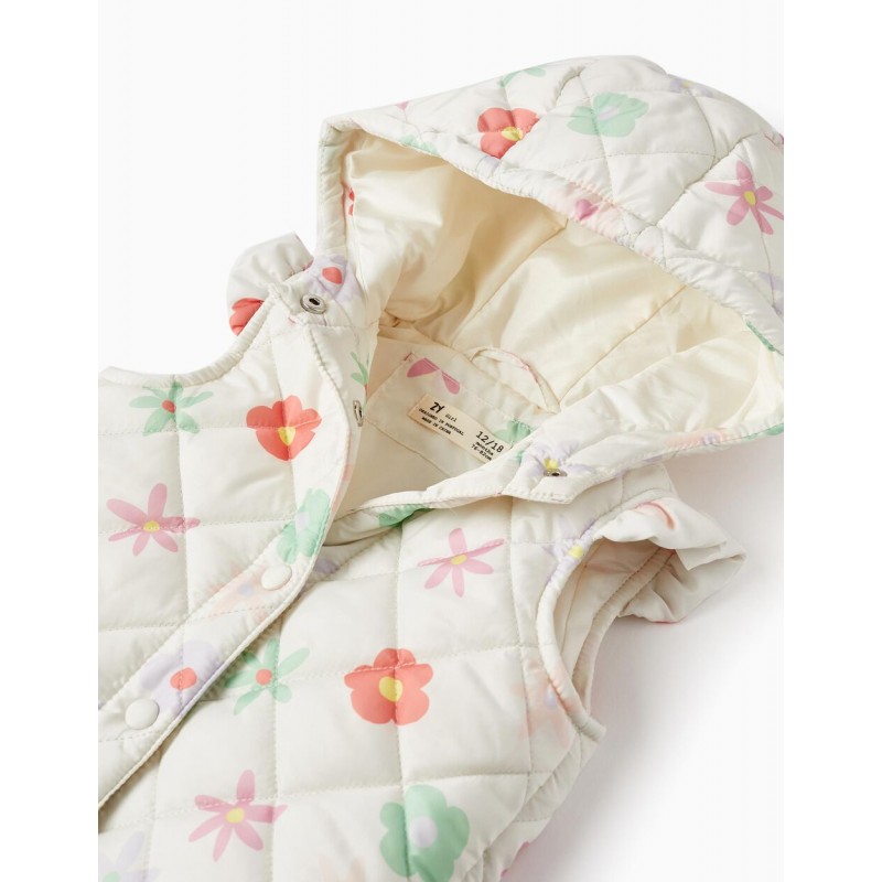 White padded and hooded vest for baby girls.