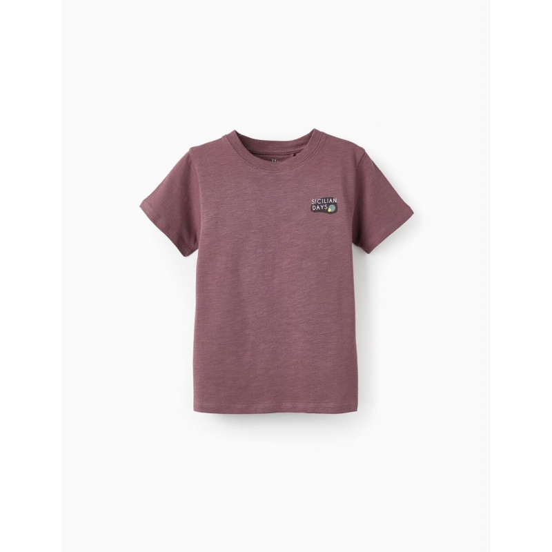 Purple short-sleeved T-shirt for boys, made of 100% cotton.
