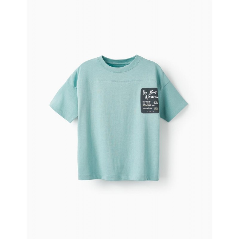Short-sleeved green water T-shirt for boys, 100% cotton.